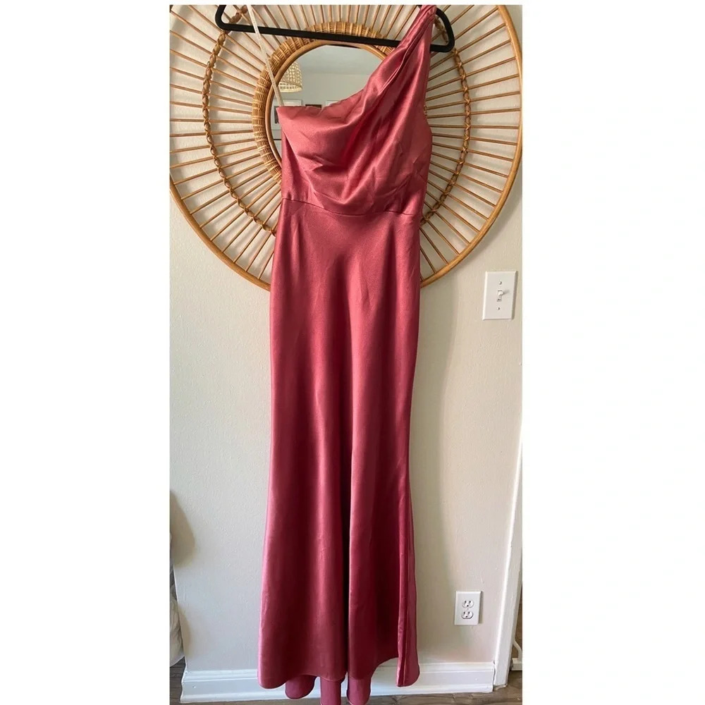 Jenny Yoo One-Shoulder Satin Maxi Dress in Dusty Rose